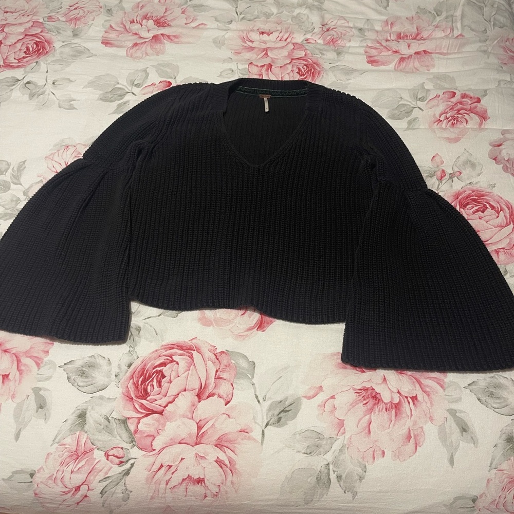 Free People Black Knit Blouse with Bell Sleeves